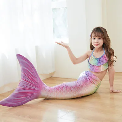 Kids Girls Mermaid Tail Swimming Costume Swimmable Bikini Set Swimsuits Monofin • £9.86