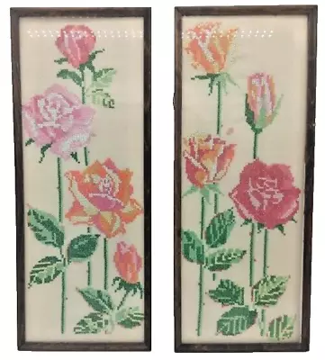 Vintage Red Pink White Roses Needlepoint Picture Complete Framed 21.75  X 8.5  • $39.95