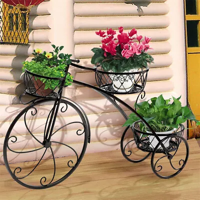 3 Pot Rugged Plant Stand Tricycle Flower Cart Holder Garden Pool Area Decoration • $49.92