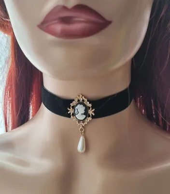 New Black Cameo Choker Necklace Velvet Collar Crystal Pearl Charm Retro Vintage • £4.35