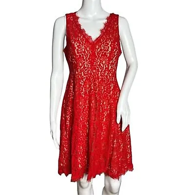 Soprano Fit & Flare Dress Red Illusion Lace Nude Liner V-Neck Short Sleeve Sz M • $23.92