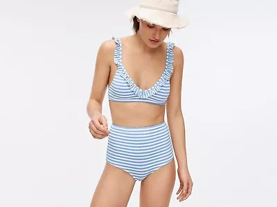 J.Crew Ruffle Trim High Wasted Bikini Sz M In Blue/Ivory Stripe - NWT • $39