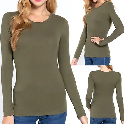 Womens Cotton Stretch Long Sleeve T-Shirt Plain Fitted Basic Solid Slim Layering • $10.99