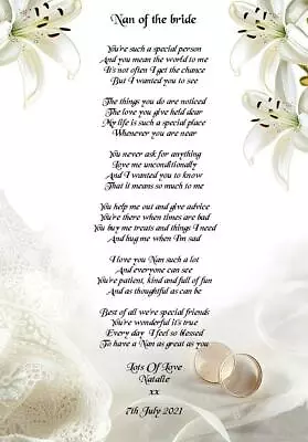 Wedding Day Gift Nan Of The Bride/Groom Poem A5 Photo • £2.79