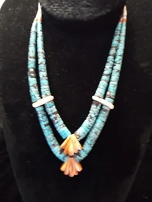 Vintage Native American Turquoise  Coral HEISHI  Kewa Necklace Hand Knotted • $199.88