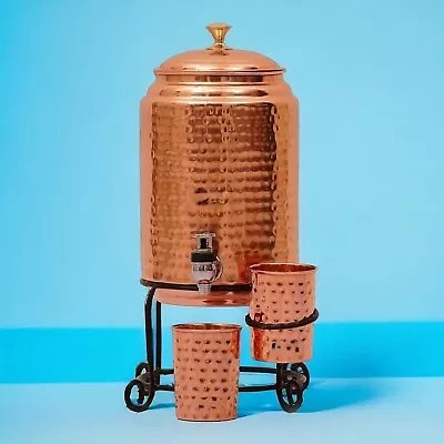 Pure Copper Water Dispenser 5 Liter Hammered Container Pot 2 Copper Glass Stand • $99.99