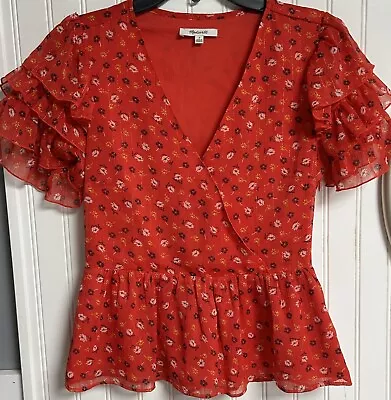 Madewell Tiered-Sleeve Peplum Top Metallic Prairie Posies Red Women’s Sz 2 • $7.99