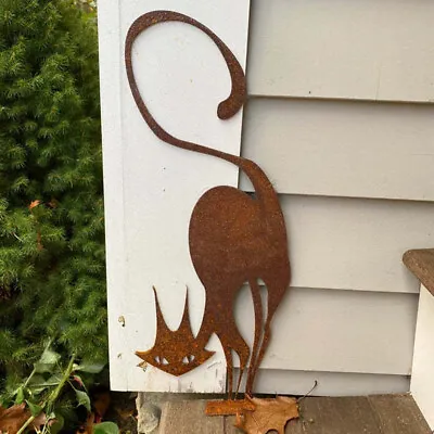 Fence Topper Statue Garden Ornament Outdoor Decor Rust Cat Screw Wood Iron • $22.88