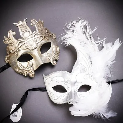 Venetian Silver Feather Masks Couple For Men And Women Masquerade Party Costume • $23