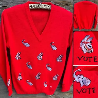 Vintage Embroidered Donkey Elephant Vote Sweater Long Sleeve V Neck May Be Sz S • $194.50