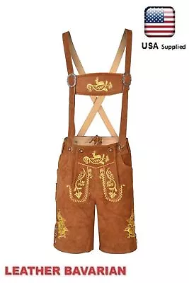 Oktoberfest Authentic Bavarian Lederhosen Genuine Leather With Suspender Short • $79.99