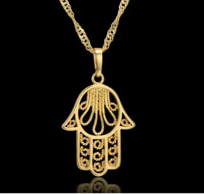 Hamsa Pendant Necklace Hand Of Fatima Khamsa Kabbalah Spiritual Gold Plated • £4.99