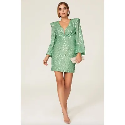 Ieena For Mac Duggal Sequined Structured Bishop Sleeve Mini Dress Light Green Wo • $194.99