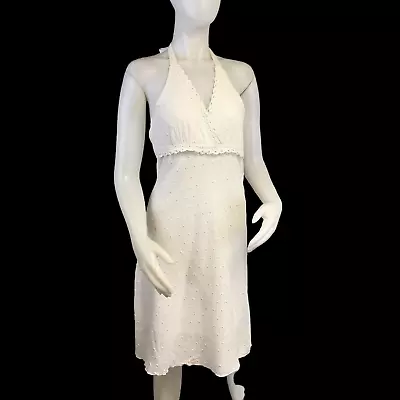 VTG  White 100% Cotton Halter Sun Dress W Empire Waist Crochet Lace Trim SZ S • $47