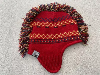 Kids Child’s Red Yellow Blue Acrylic Knit Winter Hat W/ Fringe & Ear Flaps GUC • $9.95