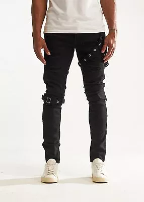 Embellish NYC Men's Rip & Repair Buckle Straps Distressed Skinny Fit Denim Jeans • $44.99