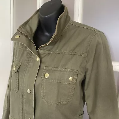 J.Crew Olive Green Denim Field Jacket Women's S Military Style Cargo Gold Snap • $17.50