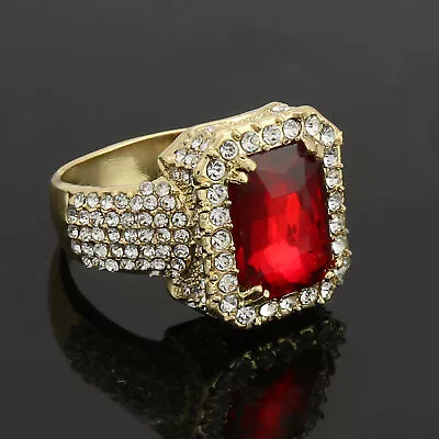 Men Iced Gold Pt Hip Hop Luxury Red Ruby Lab Diamond Pinky Size 8 ~ 12 Ring • $13.99