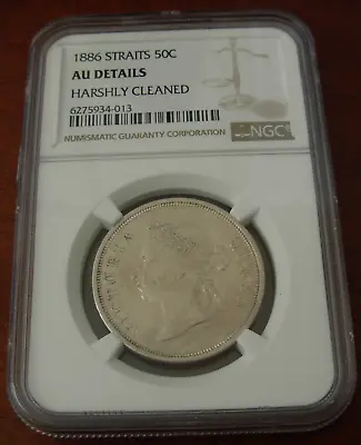 Straits Settlements Malaysia 1886 Silver 50 Cents NGC AU Details Victoria • $700