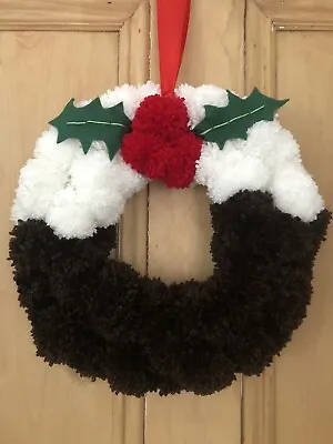 Christmas Pudding Handmade Pompom Door Wreath (small) • £12