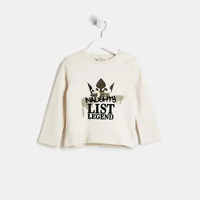 River Island Mini Boys Christmas T-Shirt Stone Long Sleeve Round Neck Tee Top • £7
