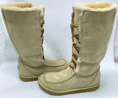 UGG Uptown Whitley Tall Suede Sheepskin Boots Lace Up Sand Beige Sz 7 Moccasin • $77.95