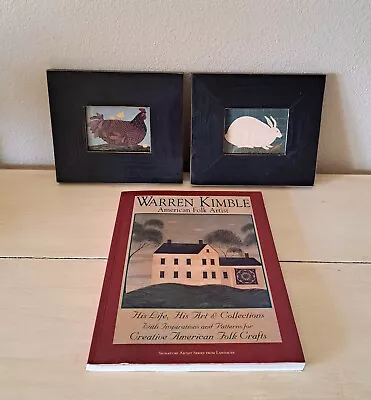 $18 • Buy 3pc Warren Kimble Rabbit Hen Folk Art Framed Print Set & Artist Book Primitive 