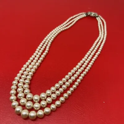 Vintage Silver-Tone 3 Strand Faux Pearl Necklace Rhinestone Clasp (#6753) • $11.99