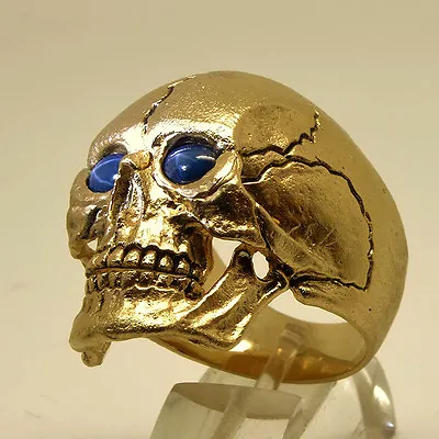 14K Yellow Gold Skull Ring Sapphire Biker Harley Masonic Memento Mori All Sizes • $2988