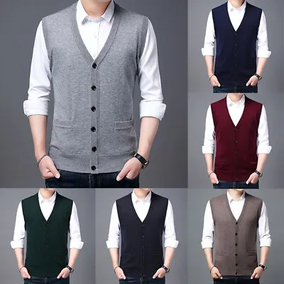 Men's Sweater Vest Cashmere Wool Blended V Neck Sleeveless Button Cardigan Sweat • $8.59