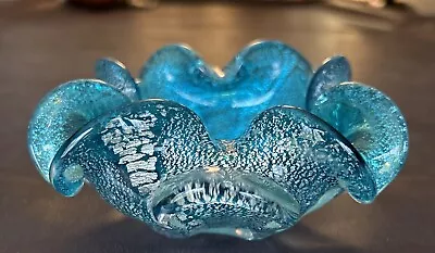 Vintage Murano Art Glass Ashtray Trinket Holder Dish Aqua Silver Mica Bowl 5.5” • $27.52