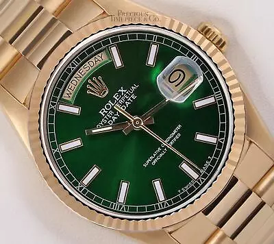 Rolex Day-Date 18238 Presidential- 18k Gold Fluted Bezel 36mm-Green Stick Dial • $18699.15