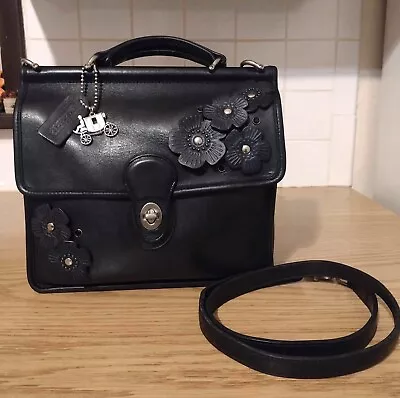 VTG Coach Black Leather Willis/Nickel Hardware Upcrafted W/Coach Tea Roses/Extra • $20.50