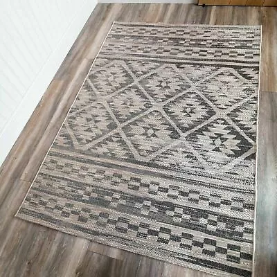 Aztec Grey Modern Berber Rugs UV Resistant Large Dining Room Mat Long Runner Rug • £51.95
