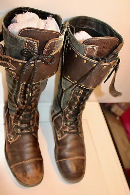 Women's Size 7.5(38) Vintage Brown Leather/Grey Canvas Calf Zip/Buckle/Lace Boot • $49.99