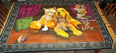 70s Vintage Guney Sanayi Spaniel Dog Cat Chicks Cotton Fringed Wall Tapestry • $15