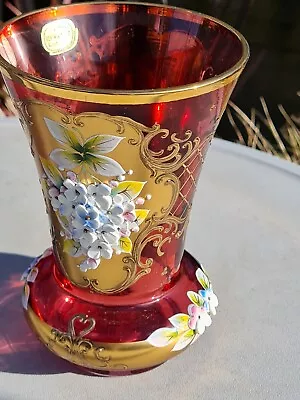 Vintage Bohemia Cranberry Glass Czech Vase Gold Gilt 3D Floral Enamel Labelled  • £39.99