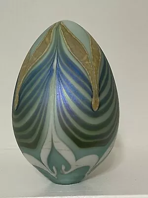 Vintage 1970's Vandermark Studio Art Glass Egg Green Gold  & Blue 4.75” Tall • $220