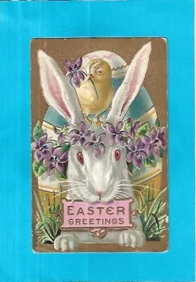 Vintage Postcard-Easter Greetings-Embossed Rabbit & Chick • $3.95