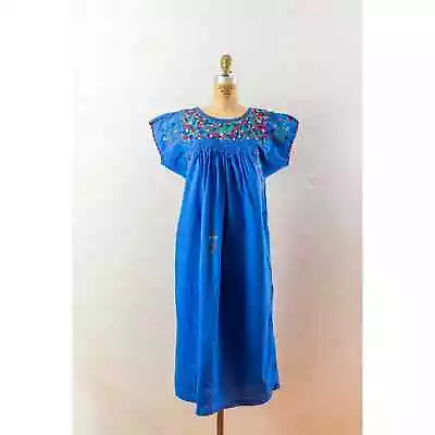 Vintage 70s Oaxacan Mexico Blue Caftan Dress Colorful Floral Embroidery Medium • $74