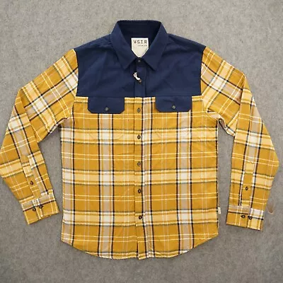 VSTR Shirt Mens Medium Blue Gold Button Long Sleeve Plaid Flannel New • $18.99