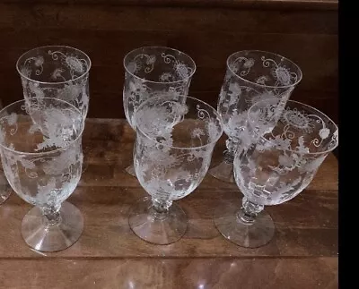 Vintage Granada Crystal Sunflower Leaf Floral Etched Stemware Wine Goblets Set 6 • $98