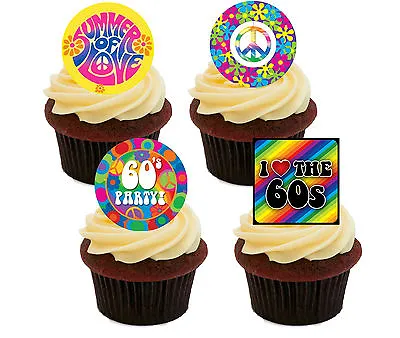 60s Party Edible Cupcake Toppers Stand-up Fairy Cake Decorations Hippy Peace • £2.99