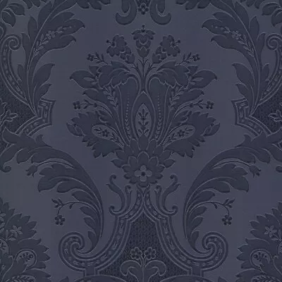 Belgravia Decor Amara Damask Dark Blue Wallpaper GB7371 - Textured Italian Vinyl • £23.49