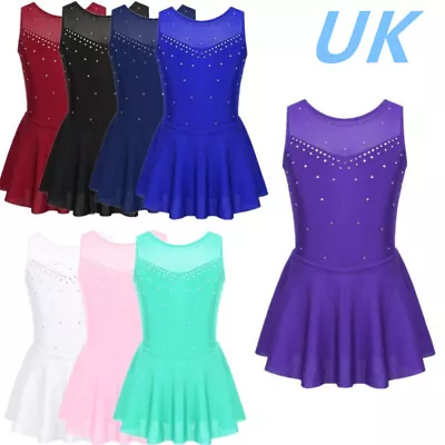 UK Girls Sparkly Rhinestone Tulle Ballet Dance Leotard Ice Figure Skating Dress • £11.27