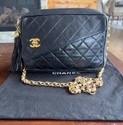 $2600 • Buy Rare Vintage CHANEL 90's Camera Bag Lambskin Leather Black 24k Gold Authentic
