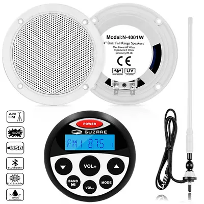 $59.99 • Buy Marine Audio Bluetooth Stereo System Unit Boat FM AM Radio + Waterproof Speakers