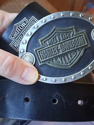 Harley Davidson Studded Leather Belt -Black-Biker Belt Size 36 Buckle Made USA • $75