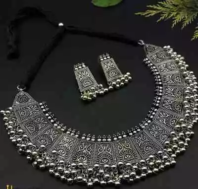 $14.89 • Buy Indian Bollywood Style Silver Plated Oxidized Boho Jewelry Choker Necklace Set..