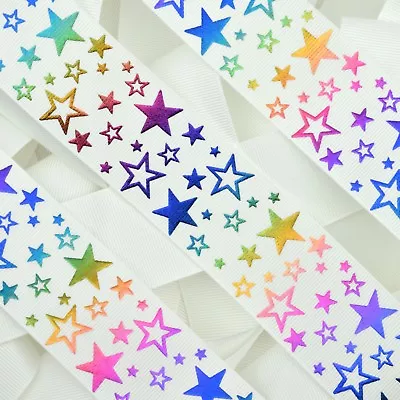 Grosgrain Ribbon 38mm Width (1.5 ) - Rainbow Foil Stars Mermaid Scales Spots Bow • £2.49